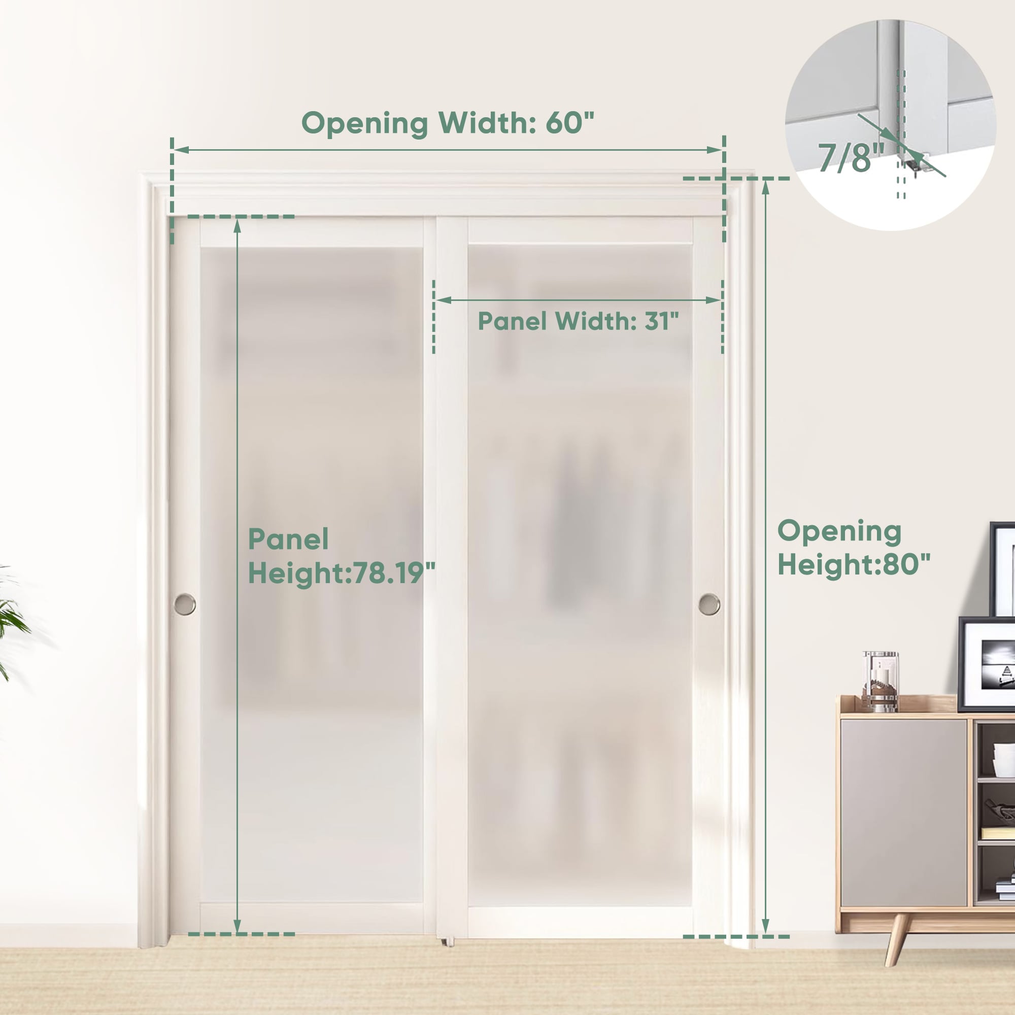 60'' X 80'' 1-Lite Tempered Frosted Glass Wood Double Bypass Sliding Closet Doors With Installation Hardware Kit_voghion.com